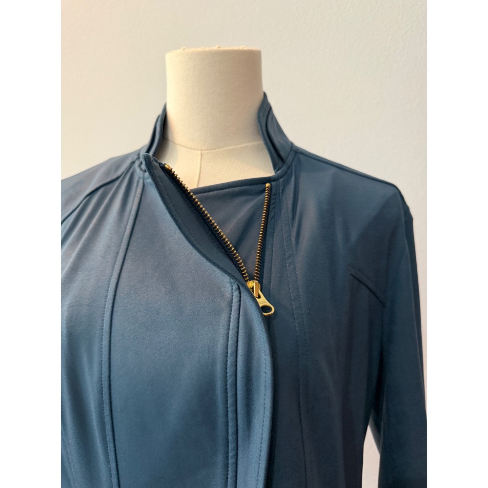 Clara Sun Woo Womens Asymmetric Zip Moto Liquid Leather Jacket Blue Chic Size M - Picture 4 of 10